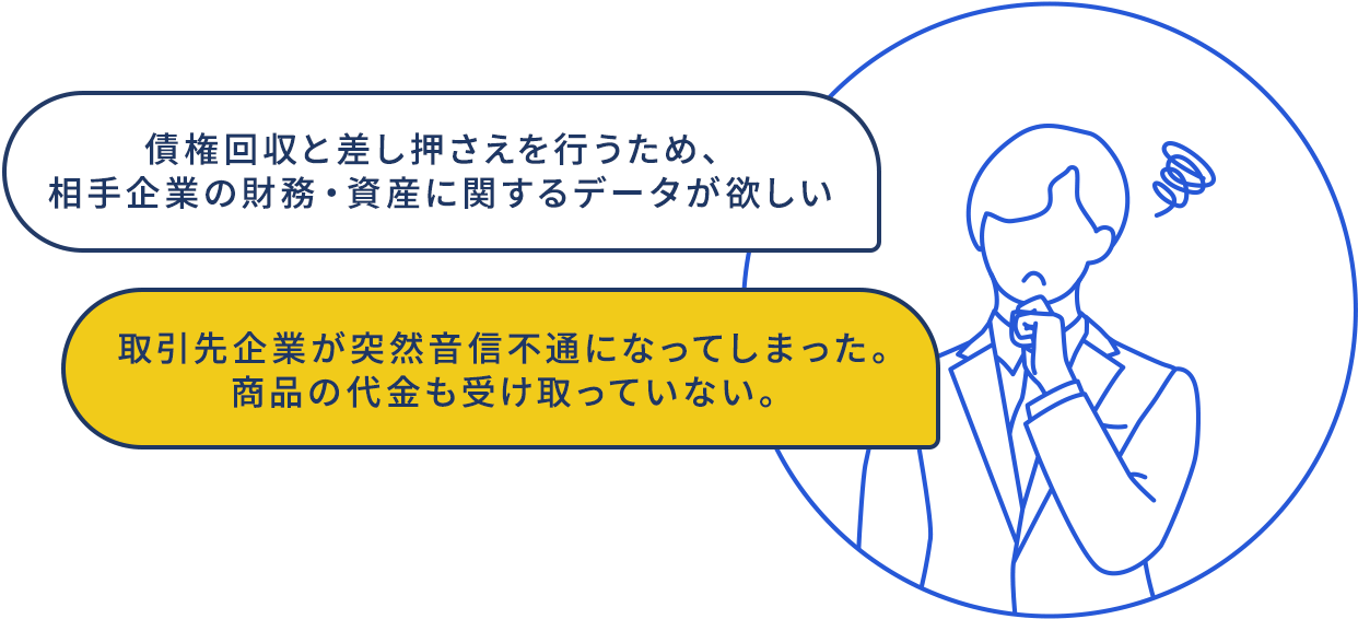 債権回収と差し押さえを行うため、相手企業の財務・資産に関するデータが欲しい。取引先企業が突然音信不通になってしまった。商品の代金も受け取っていない。