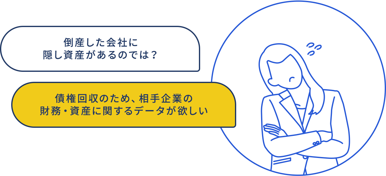 倒産した会社に隠し資産があるのでは？ 債権回収のため、相手企業の財務・資産に関するデータが欲しい。